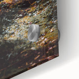 Large abstract wall art in warm autumn colors on acrylic glass, suitable for dining room ambiance.