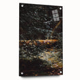 Large abstract wall art depicting autumn trees in orange and brown tones on acrylic glass.