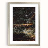 Textured abstract art print depicting autumnal hues on a silver-framed mat, suitable for bedroom decor.