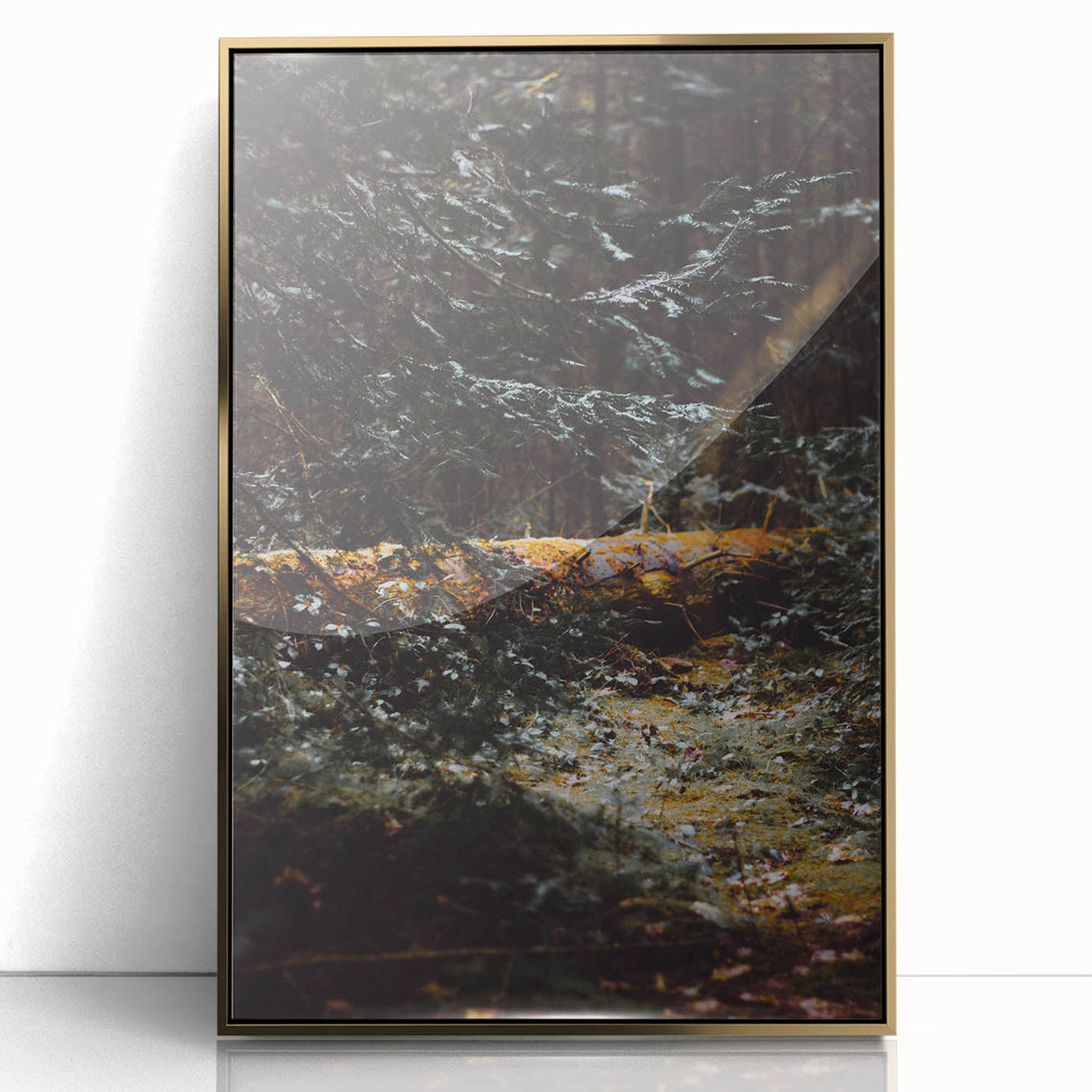Mid-century modernist art depicting an autumnal scene in gold and orange tones on a framed acrylic.