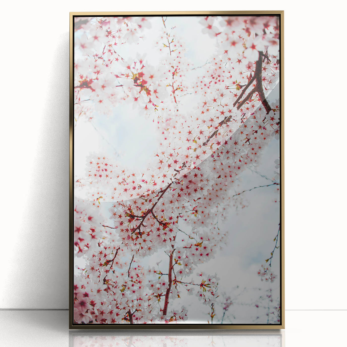 Large art print of a mid-century modernist spring scene in pastel shades, framed in gold acrylic, ideal for nursery wall art.