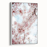 Vintage poster art of spring season on extra large framed canvas, featuring colorful flora against a black background.