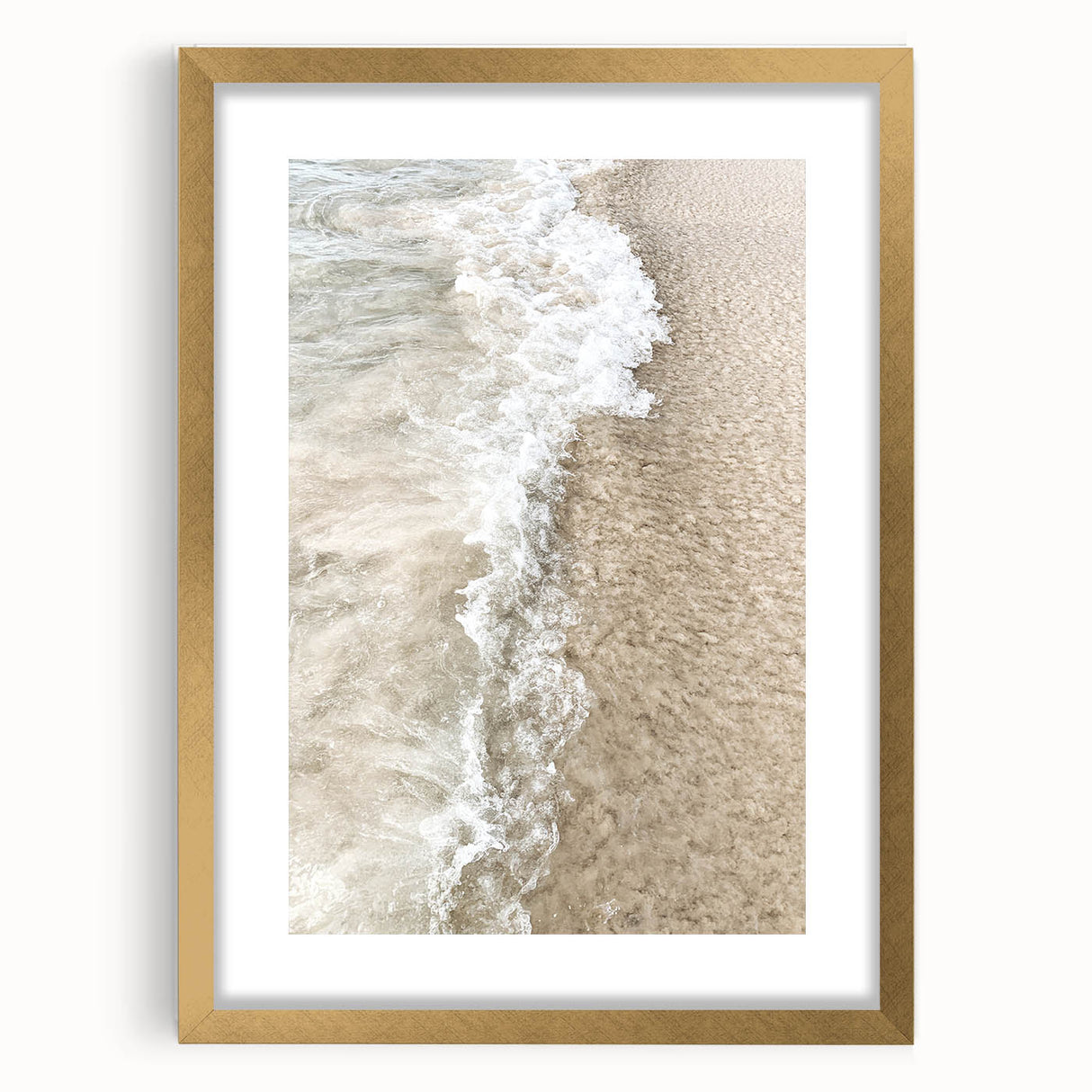 Extra large abstract art print featuring textured waves in soft blue and white, framed in gold, ideal for living room decor.