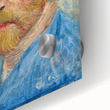 Large abstract wall art print on acrylic glass, featuring mid-century modernist swirls in blue and orange.