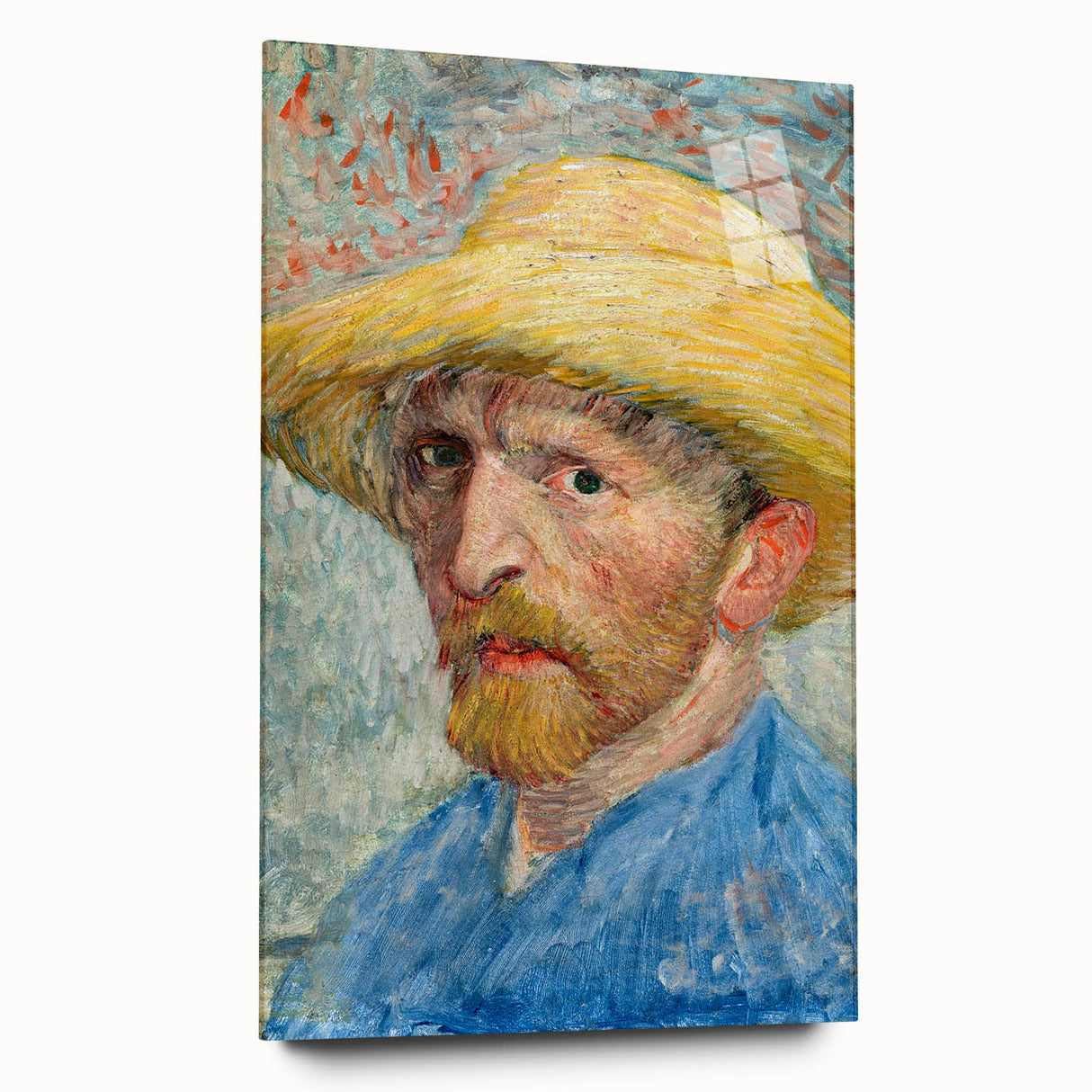 Large abstract wall art on acrylic glass depicting a Van Gogh style swirl in blue and yellow tones.