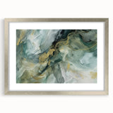 Abstract strokes wall art framed in silver with a white mat, showcasing vibrant blue, green, and gold colors, perfect for modern home decor.