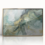 Framed wall art featuring abstract gold strokes on a white background, ideal for modern home decor. The sleek acrylic frame enhances the artwork's elegance, making it a perfect accent piece for contemporary interiors.