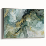 Framed abstract wall art with silver accents, showcasing dynamic strokes in hues of blue and gold, ideal for modern home decor. Side view highlights its elegant design.