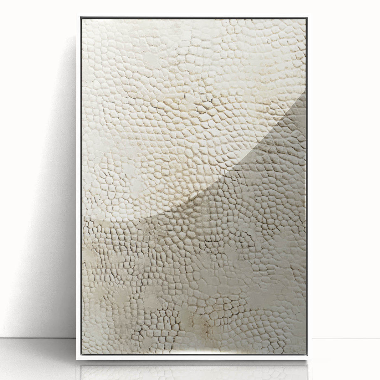 Framed wall art featuring abstract strokes in shades of blue and white, set against a sleek acrylic background, perfect for modern home decor.