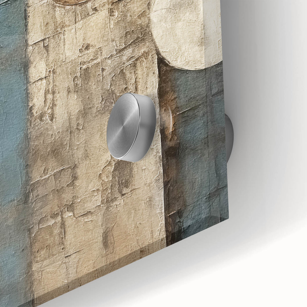 Close-up of vibrant abstract strokes wall art printed on acrylic glass, showcasing a blend of blue, orange, and yellow colors, perfect for contemporary decor.
