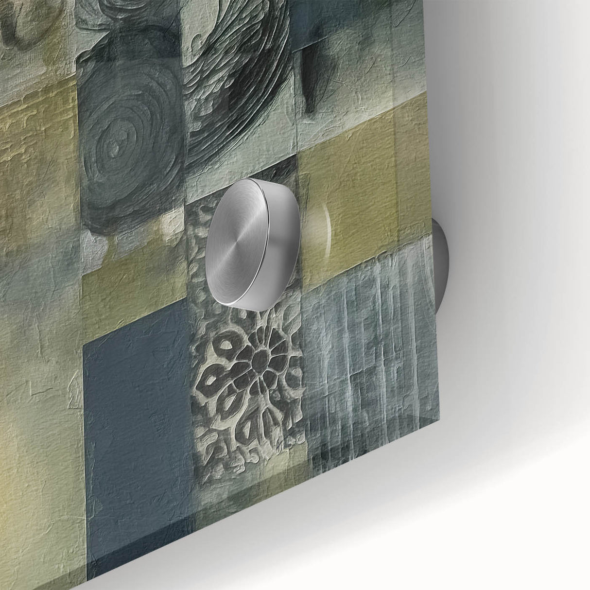 Close-up of vibrant abstract strokes wall art on acrylic glass, showcasing a blend of blue, green, and gold hues, perfect for modern decor enhancement.