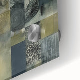 Close-up of vibrant abstract strokes wall art on acrylic glass, showcasing a blend of blue, green, and gold hues, perfect for modern decor enhancement.