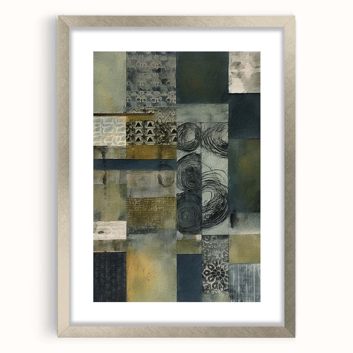 Abstract strokes wall art framed in silver with a white mat, showcasing vibrant colors and dynamic shapes, perfect for modern home decor enhancement.