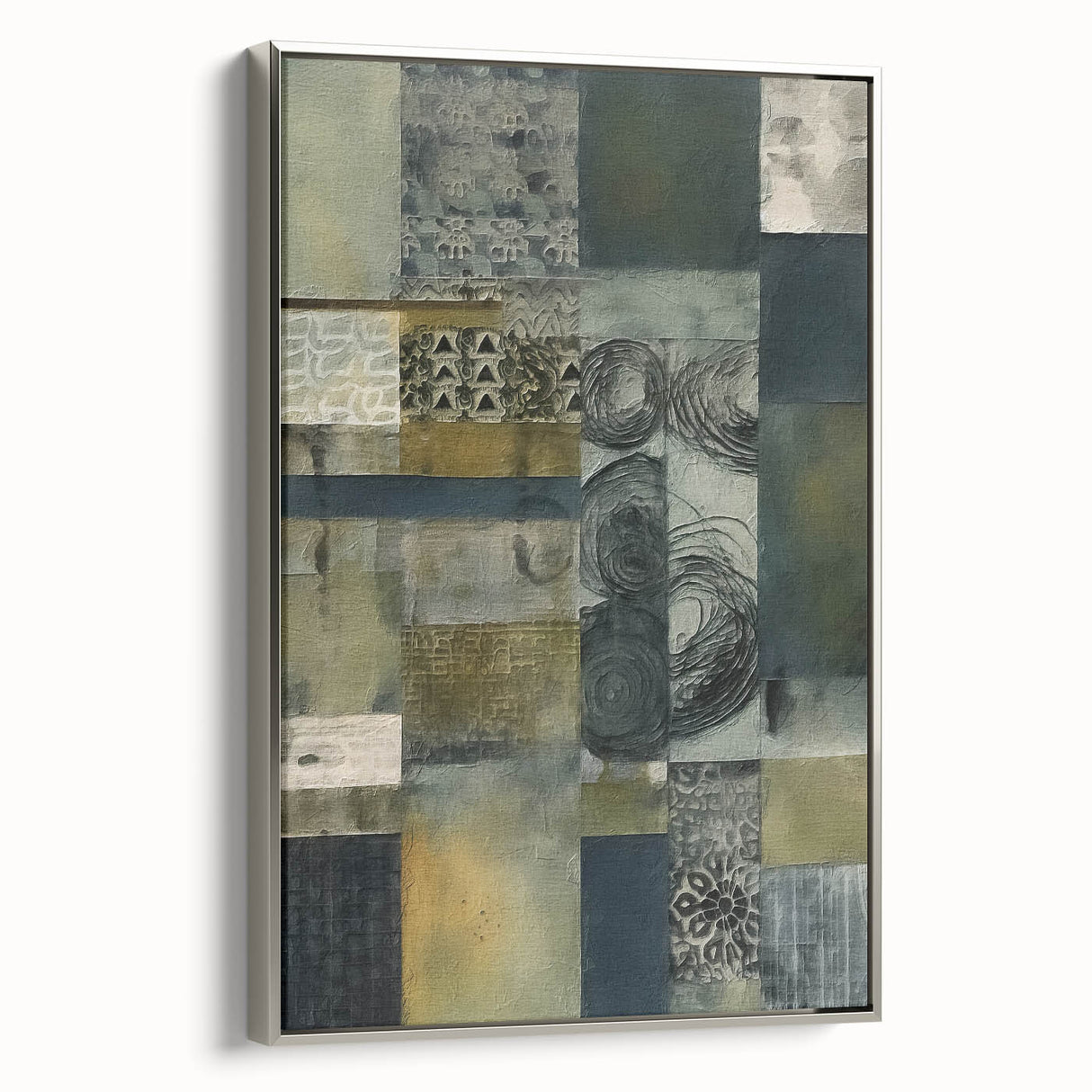 Framed canvas wall art showcasing abstract silver strokes on a light background, adding a modern touch to home decor with a sleek side view presentation.