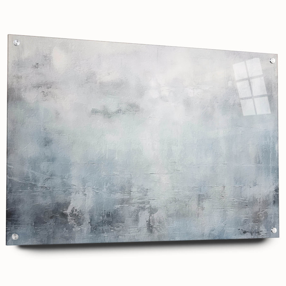 Abstract wall art featuring colorful strokes on acrylic glass, showcasing a side view with visible hanging pins, perfect for modern home decor accents.