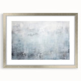 Abstract wall art featuring vibrant strokes in shades of blue, gold, and silver, framed with a sleek silver mat, ideal for modern home decor. Perfect for adding a contemporary touch to living spaces or offices.