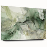 Abstract wall art featuring colorful strokes in shades of blue, orange, and pink, displayed in a sleek acrylic glass frame, highlighting modern decor aesthetics.