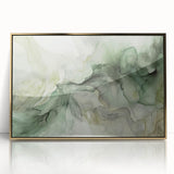 Framed abstract wall art featuring dynamic gold strokes on an acrylic surface, set against a minimalist backdrop, ideal for modern home decor.