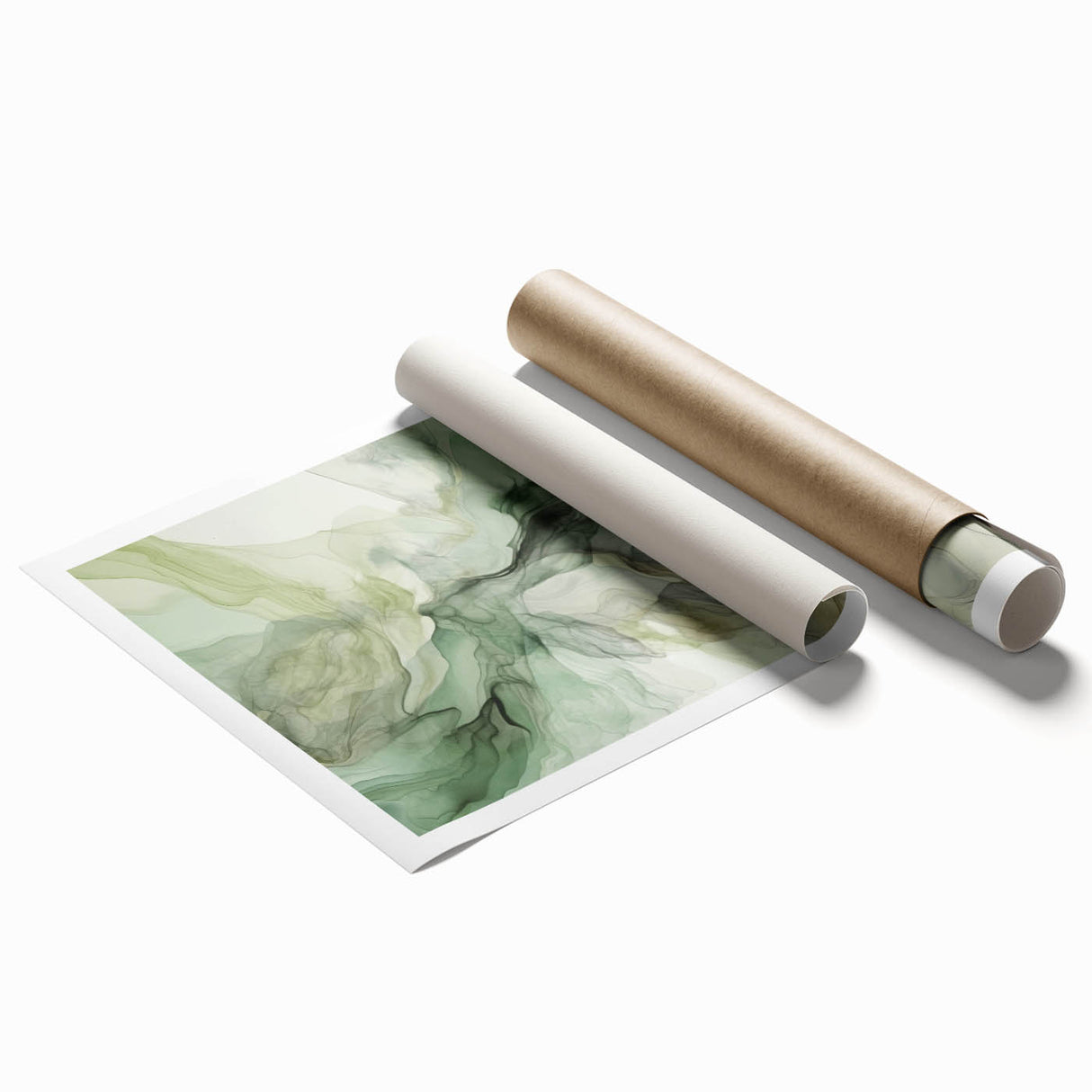 Abstract wall art print featuring vibrant strokes in shades of blue, pink, and gold, rolled and ready for display, showcasing modern artistic flair.