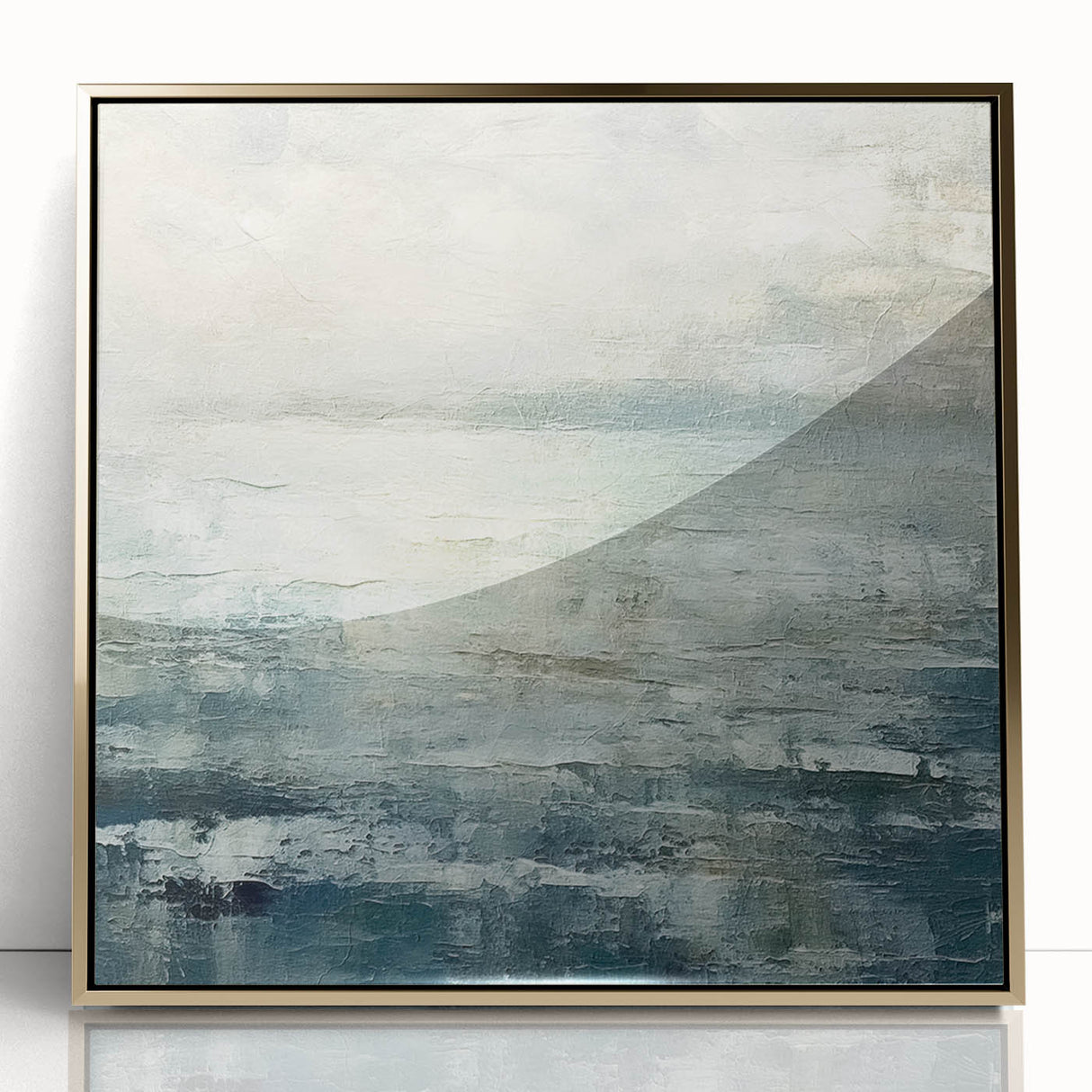 Framed wall art featuring abstract strokes in gold and white colors, set against a sleek acrylic background, perfect for modern home decor.