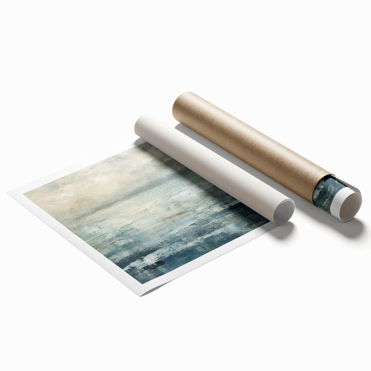 Abstract wall art print showcasing vibrant strokes in shades of blue, yellow, and pink, rolled for easy transport and display, perfect for modern home decor.