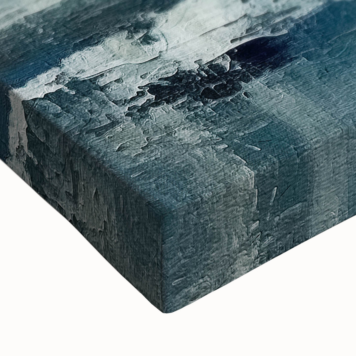 Close-up of a stretched canvas showcasing vibrant abstract strokes in shades of blue, orange, and green, perfect for modern home decor and artistic expression.
