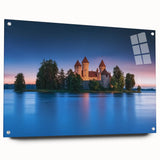 Acrylic glass artwork displaying a vibrant landscape of a castle, showcased from a side view with decorative pins for hanging, perfect for enhancing home decor.