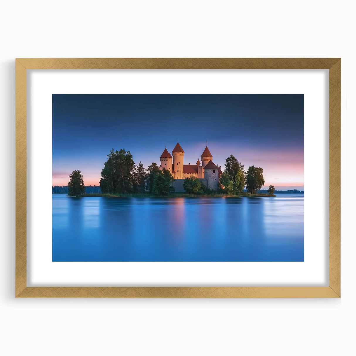Elegant gold-framed landscape artwork featuring a serene castle scene with a mat, perfect for home decor. Ideal for adding a touch of sophistication to any room.