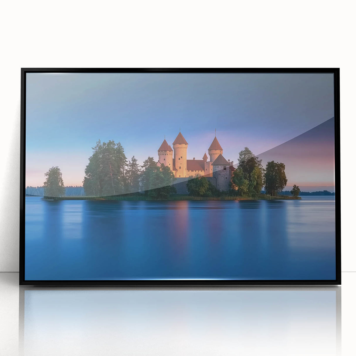 Framed acrylic artwork displaying a stunning landscape with a castle, featuring a sleek black frame and vibrant colors, ideal for home decor.