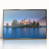 Framed acrylic artwork showcasing a scenic landscape with an elegant castle, featuring golden accents and a modern frame, perfect for home decor.
