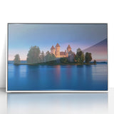 Framed acrylic artwork of a serene landscape featuring a majestic castle, presented in a sleek white frame, perfect for enhancing home decor with elegance.