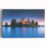 Stretched canvas artwork depicting a picturesque landscape with a majestic castle set against a vibrant blue sky, ideal for home decor and art enthusiasts.