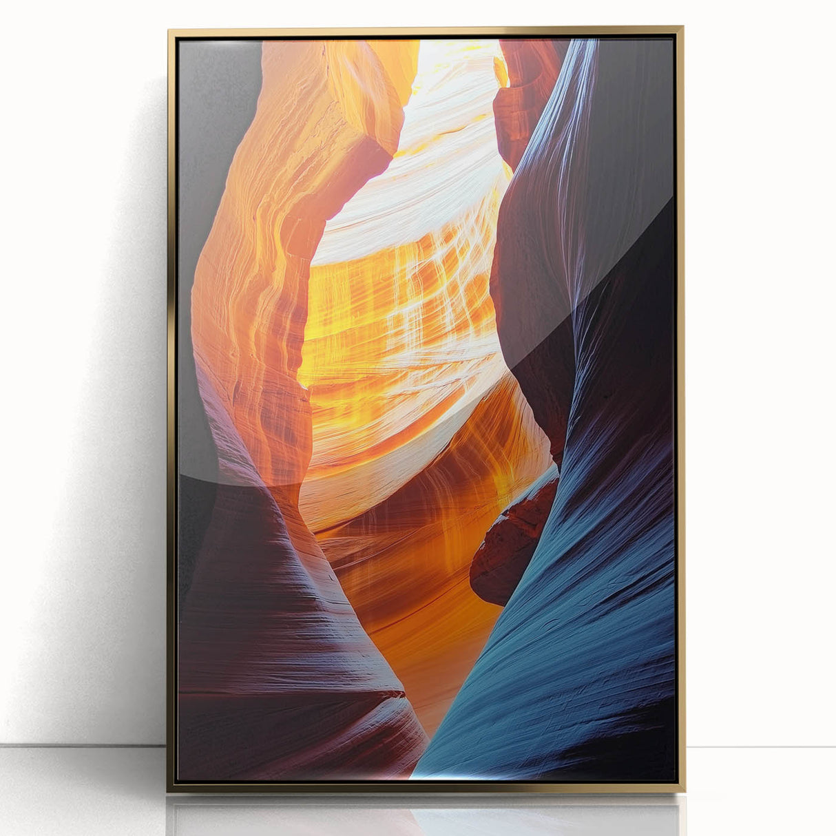Framed acrylic artwork depicting a stunning cave landscape, featuring golden accents and intricate details, perfect for enhancing modern home decor.