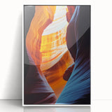 Framed acrylic artwork depicting a serene landscape with caves, featuring vibrant colors and intricate details, presented in a sleek white frame to enhance modern decor. This piece adds a touch of nature-inspired elegance to any space, perfect for contemporary home or office settings.