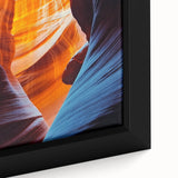 Close-up of a beautifully framed canvas showcasing a serene landscape within a cave, highlighting rich colors and intricate textures for modern home decor. Perfect for adding a touch of nature-inspired elegance to any space.