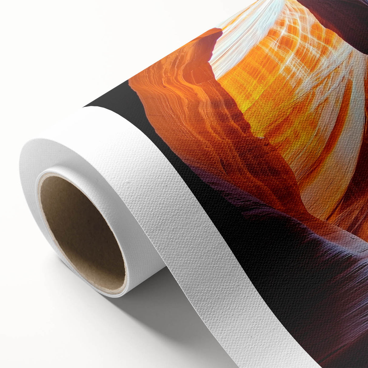 Rolled canvas showcasing a stunning landscape design depicting colorful caves, featuring vibrant hues and intricate details, securely packaged in a protective tube for easy transport.