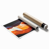 Abstract landscape print showcasing vibrant colors and intricate cave designs, rolled for shipping in a protective cardboard tube, ideal for home decor.