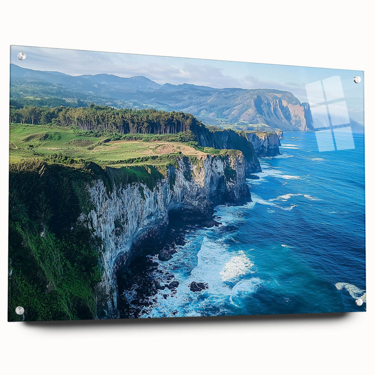 Acrylic glass artwork showcasing a breathtaking cliff landscape with vibrant colors and intricate details, elegantly mounted with pins for display. Perfect for adding a touch of nature-inspired elegance to any home decor.