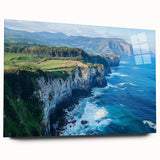 Acrylic artwork depicting a stunning cliff landscape with vibrant colors, displayed in a sleek glass frame, enhancing its natural beauty and modern style.