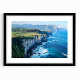 Black-framed landscape artwork showcasing a dramatic cliff scene with vibrant colors, elegantly matted for a polished presentation, ideal for home decor.