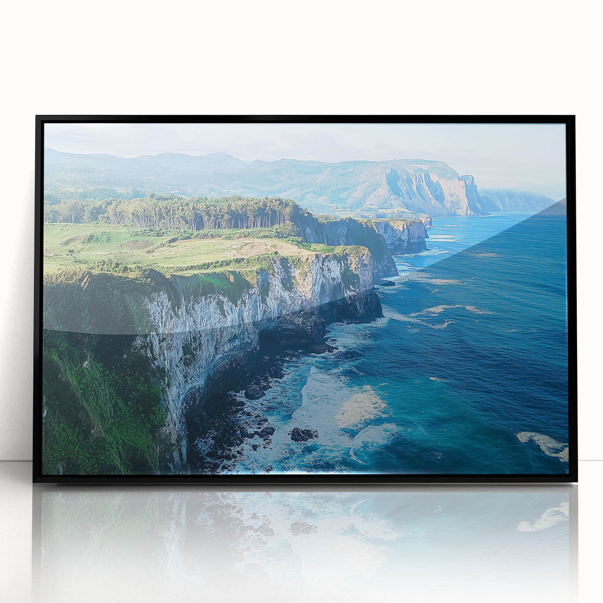 Framed acrylic artwork showcasing a dramatic cliff landscape with vibrant colors and intricate details, set in a sleek black frame for modern decor.
