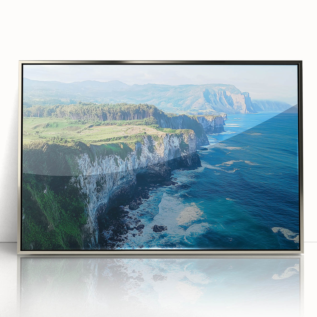 Framed acrylic wall art depicting serene cliffs and landscapes, featuring a silver border that enhances its elegance, perfect for modern home decor.
