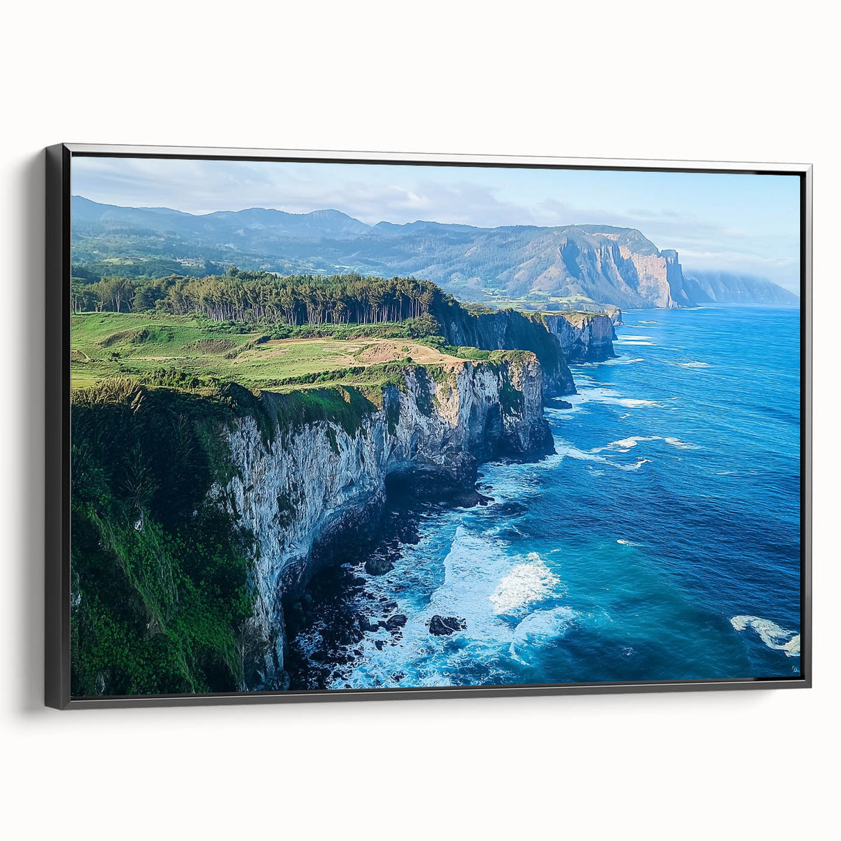 Framed canvas artwork showcasing a dramatic landscape of cliffs in earthy tones, with a sleek black frame enhancing its modern aesthetic, ideal for home decor.