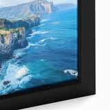 Close-up of a framed canvas showcasing a vibrant landscape with dramatic cliffs and rich colors, ideal for enhancing home decor with nature-inspired art.