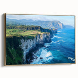 Framed canvas artwork showcasing a breathtaking landscape of cliffs, featuring rich gold accents and a side view perspective, perfect for home decor.