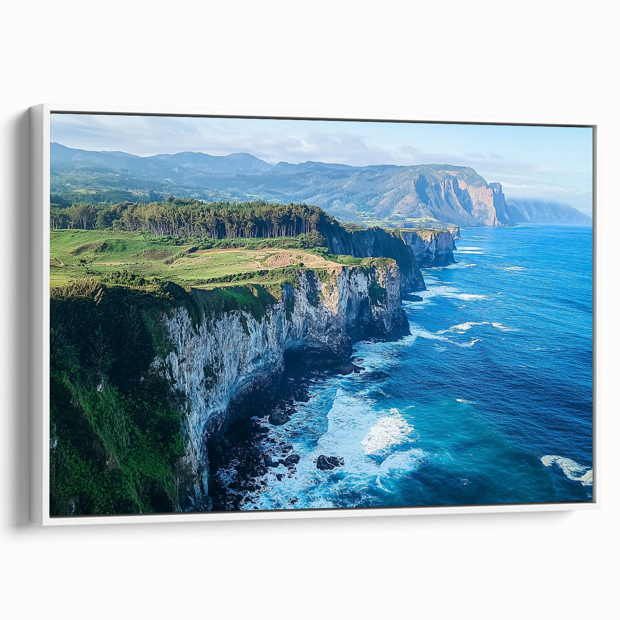 Framed canvas art depicting a scenic landscape with dramatic cliffs, showcasing vibrant colors and intricate details, ideal for home decor enhancement.