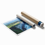 Vibrant rolled landscape print showcasing dramatic cliffs and serene ocean waves, elegantly packaged in a durable cardboard tube for safe shipping and display.