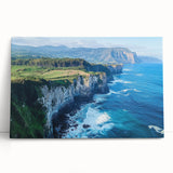 Stretched canvas artwork depicting a vibrant landscape of rugged cliffs under a bright blue sky, adding a touch of nature-inspired decor to any space.