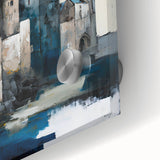 Close-up of abstract architecture wall art printed on acrylic glass, showcasing vibrant colors and geometric shapes, ideal for modern interior decor.