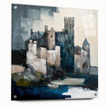 Abstract architectural wall art displayed in acrylic glass, showcasing a sleek side view with metallic pins, perfect for modern interior decor.